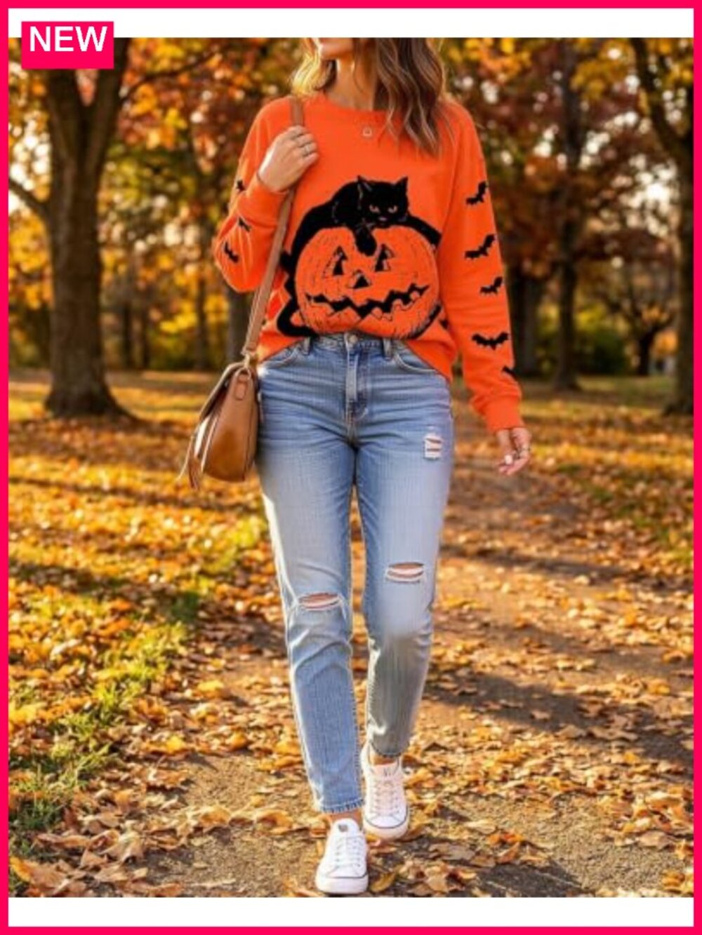 Cotton Polyester Halloween Black Cat Pumpkin Sweatshirt Women Lightweight - Picture 2 of 6